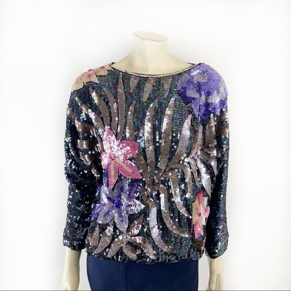 Judith Ann Creations Exotic floral Sequin Blouse size M - Picture 1 of 9